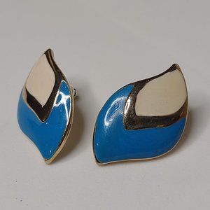 Vintage Blue And White Enameled Metal Earrings